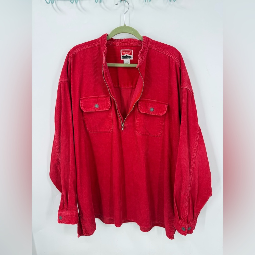 Marlboro Unlimited vintage red corduroy RARE spread collar 1/4 pullover shirt